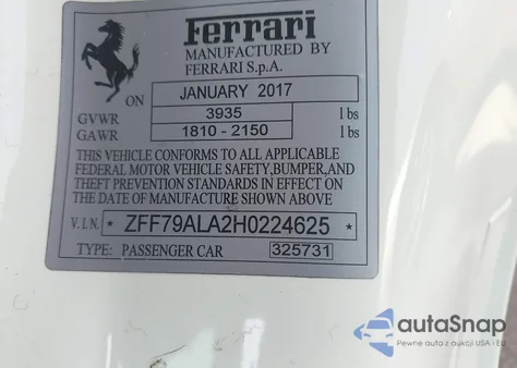 2017 Ferrari 488 Gtb z USA, uszkodzony, nr VIN ZFF79ALA2H0224625